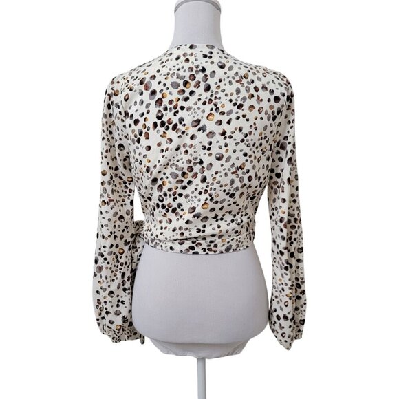 JOA Size S Ivory with Abstract Animal Pattern Cropped Wrap Blouse, Long Sleeve - Picture 7 of 15